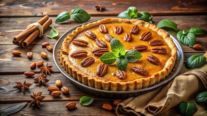 Wall Mural - A golden pecan pie with a flaky crust, adorned with fresh mint, resting on a rustic wooden table surrounded by fragrant spices