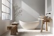 © MahmudulHassan - Bathroom interior design with white and bleached tones, freestanding bathtub and wooden washbasin