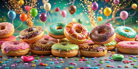 Poster - A festive arrangement of colorful donuts with sprinkles, drizzled icing, and chocolate, accompanied by floating balloons and confetti.