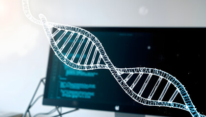 Desktop computer background and DNA drawing. Double exposure. Science concept isolated with white highlights, png