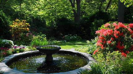 Wall Mural - A tranquil garden filled with blooming flowers and the sound of chirping birds.