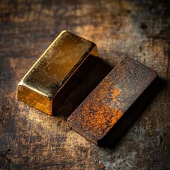 Gold Bar and Rusty Metal Contrast, Close-up Macro Photography