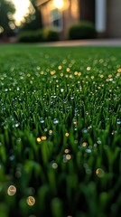 Wall Mural - A close up of a lush green lawn with dew drops on the grass. The dew drops create a sparkling effect on the grass, giving the scene a serene and peaceful atmosphere