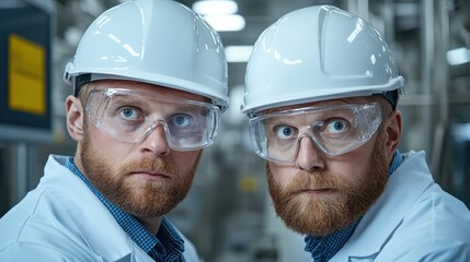 Two male engineers with red beards wearing white hard hats and safety goggles in industrial setting