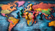 © Jirapron - Colorful game pieces on world map, symbolizing global connection and strategy