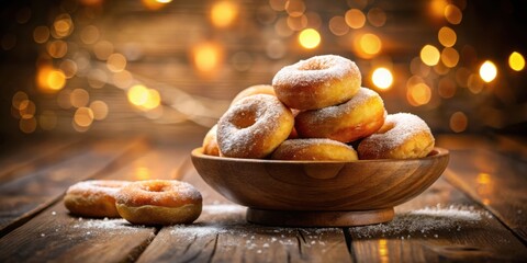 Wall Mural - A bowl full of sugary donuts, sprinkled with powdered sugar, against a backdrop of warm bokeh lights.