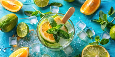 Sticker - A refreshing summer drink with a mix of citrus fruits and fresh mint leaves, perfect for a hot day