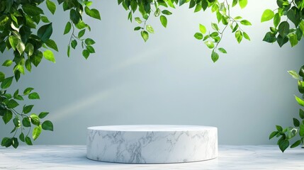 Wall Mural - Elegant marble display podium surrounded by lush greenery