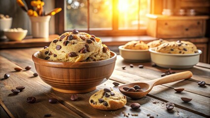 Poster - A wooden bowl filled with chocolate chip cookies and a wooden spoon with coffee beans on a rustic wooden table in a warm, sunlit kitchen