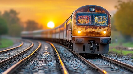 The setting sun casts a golden glow over the Indian railway tracks as a train gradually comes into view