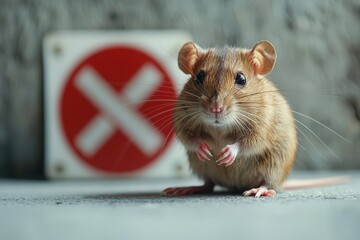 Wall Mural - A rat on a white background with a red prohibition sign, conveying the concept of pest control and rat extermination, symbolizing prevention and cleanliness..