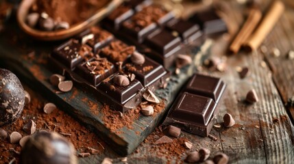 Wall Mural - Dark chocolate bars with cocoa powder and shavings