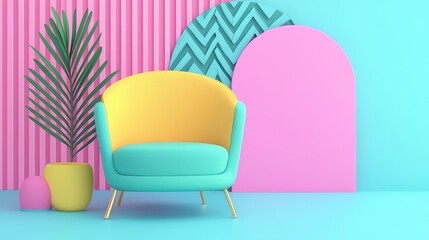 Wall Mural - Minimalist 3D Rendered Chair with Pastel Colors and Geometric Shapes