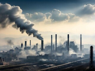 Air pollution: Shots of industrial emissions, smoke from waste burning, transport pollution, or smog over cities.