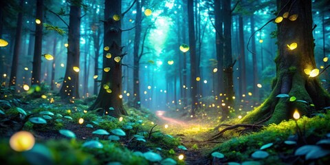 Poster - Enchanted Forest Path with Glowing Leaves and a Mystical Atmosphere