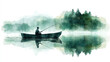 © Ema - Green watercolor painting of a man sitting in a boat and fishing at lake
