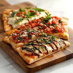 Delicious flatbreads topped with fresh ingredients, including herbs, tomatoes, and cheese, served on wooden board. Perfect for sharing or enjoying as snack