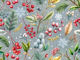 Wall Mural - Festive Winter Botanicals: Watercolor Pattern of Berries, Leaves, and Snowy Plants on Gray Background for Christmas and New Year Packaging and Textile Designs