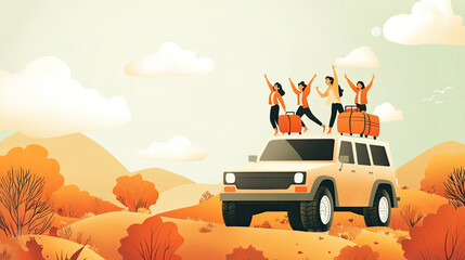 Poster - A family sitting on the roof of a travel car