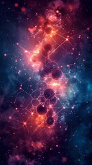 abstract cosmic illustration of molecular structures illuminated in vibrant pink and blue hues, symb