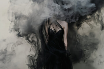 a woman stands still as her dress is made of swirling dark smoke that drifts and curls around her body