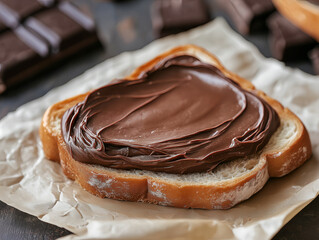 a piece of bread is generously covered with smooth chocolate cream, ready to be enjoyed