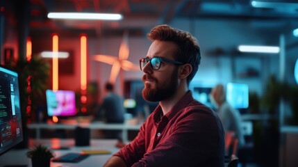 Wall Mural - engineers analyzing data on holographic screens