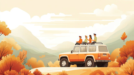 Poster - A family sitting on the roof of a travel car