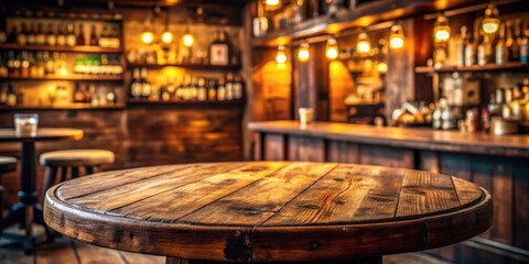 Poster - A rustic wooden table with a blurred background of a dimly lit bar with shelves of liquor bottles and warm lighting.