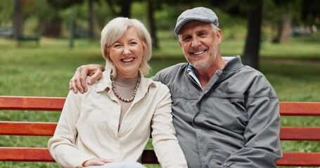 Wall Mural - Happy, park and face of senior couple for bonding, conversation and marriage together outdoors. Retirement, portrait and elderly man and women in nature on bench for love, embrace and connection