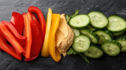 Wall Mural - Colorful flat lay of healthy snack with sliced vegetables and hummus on slate background