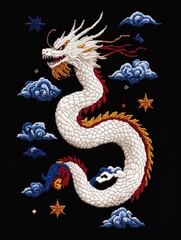 Naklejka na meble Explore the majestic beauty of a traditional dragon embroidery surrounded by clouds and stars
