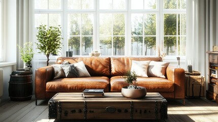 Hyperrealistic photo of a stylish living room featuring a vintage leather sofa and rustic decor, bathed in natural light from large windows. The bright, inviting ambiance is styled for a high-end