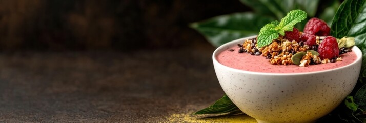 Wall Mural - Tropical leaves and refreshing berry smoothie bowl with granola toppings