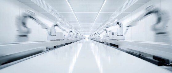 Very realistic photo of a sleek white factory with synchronized robotic arms and workers blurred by speed The long exposure captures the fluid motion and seamless automation of the production process