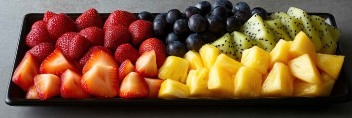 Wall Mural - Vibrant fruit platter with sliced strawberries, grapes, kiwi, and pineapple flat lay display