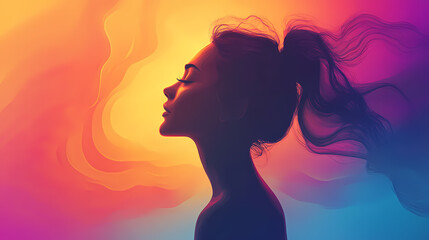 Wall Mural - Vibrant gradients dancing around a charming, daydreaming woman, generative ai. Whimsical. Illustration