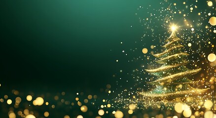 Poster - A green background with golden lights and glitter, creating an elegant atmosphere for Christmas. A spiral tree is depicted in the center of the scene, surrounded by twinkling stars.