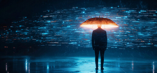 Aufkleber - silhouette stands under glowing umbrella amidst digital rain of blue lights, creating futuristic and mysterious atmosphere
