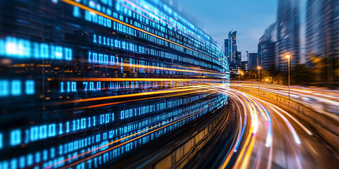Aufkleber - futuristic cityscape with glowing data streams and binary code, showcasing blend of technology and urban life. dynamic lights and digital elements create sense of motion and innovation