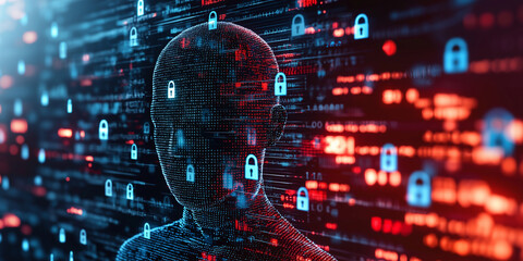 Poster - digital human figure composed of pixels and data streams, surrounded by glowing locks and binary code, represents cybersecurity and data protection
