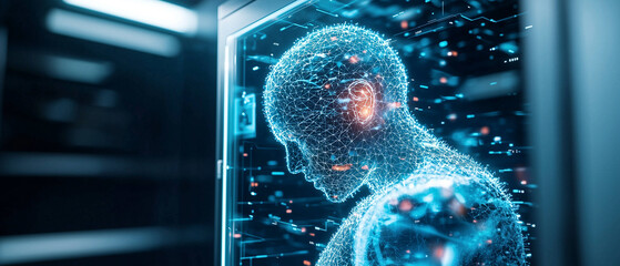 Leinwandbilder - digital human silhouette filled with floating data points and glowing connections, representing advanced technology and artificial intelligence in futuristic setting