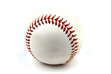 Close-up high quality white baseball with red stitching and rounded shape on white background