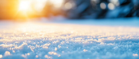 Poster - frosty morning with snow covered field glistening in golden sunlight, creating serene and tranquil winter landscape