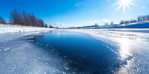 Poster - frozen river reflects winter sky under bright sun, creating peaceful and serene landscape. icy surface glistens, surrounded by snow covered banks and bare trees