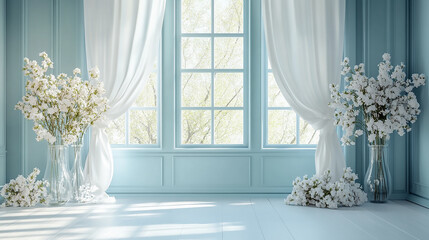 Light blue wall with white curtains, a window, and two flower vases on the sides, creating an elegant backdrop for a photo shoot. This photo studio backdrop is suitable for wedding photography 