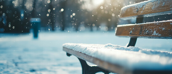 Poster - snow covered bench in quiet park creates peaceful and serene winter scene, with soft sunlight filtering through trees and gentle snowflakes falling