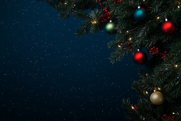 Wall Mural - Starry night sky, Christmas tree with small colorful ornaments on the branches, dark blue background, minimalist style