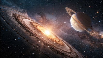 Wall Mural - close-up of glowing planet disk floating in space, serene beauty of the universe with ample copy spa