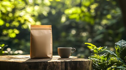 Wall Mural - Depict a paper coffee bag positioned outdoors on a rustic wooden surface, surrounded by greenery and a small ceramic cup. The natural setting and dappled sunlight create a refreshing and organic feel